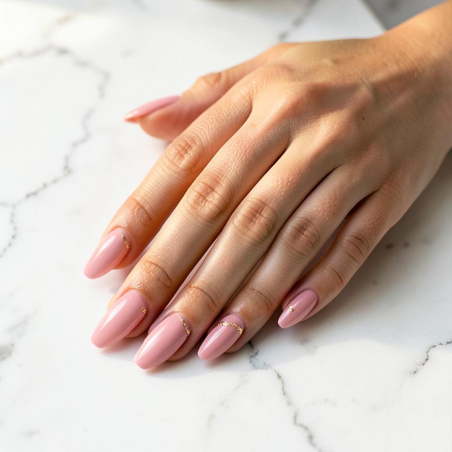Blush pink almond manicure with delicate gold accents