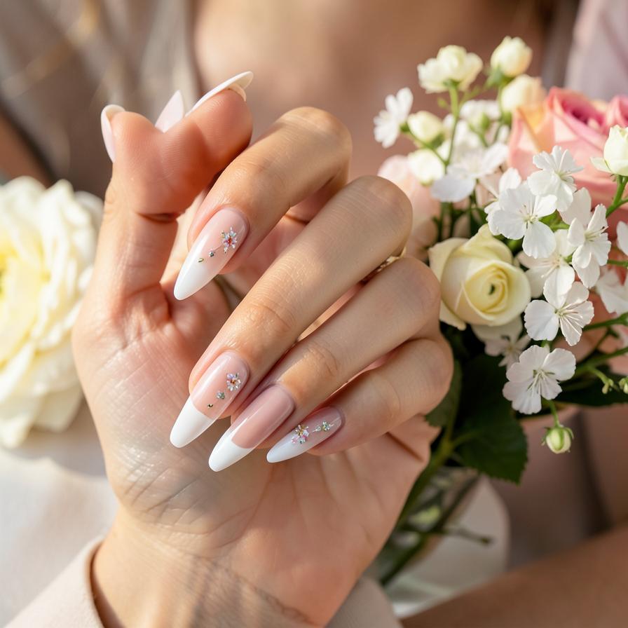 French tip manicure with delicate floral nail art